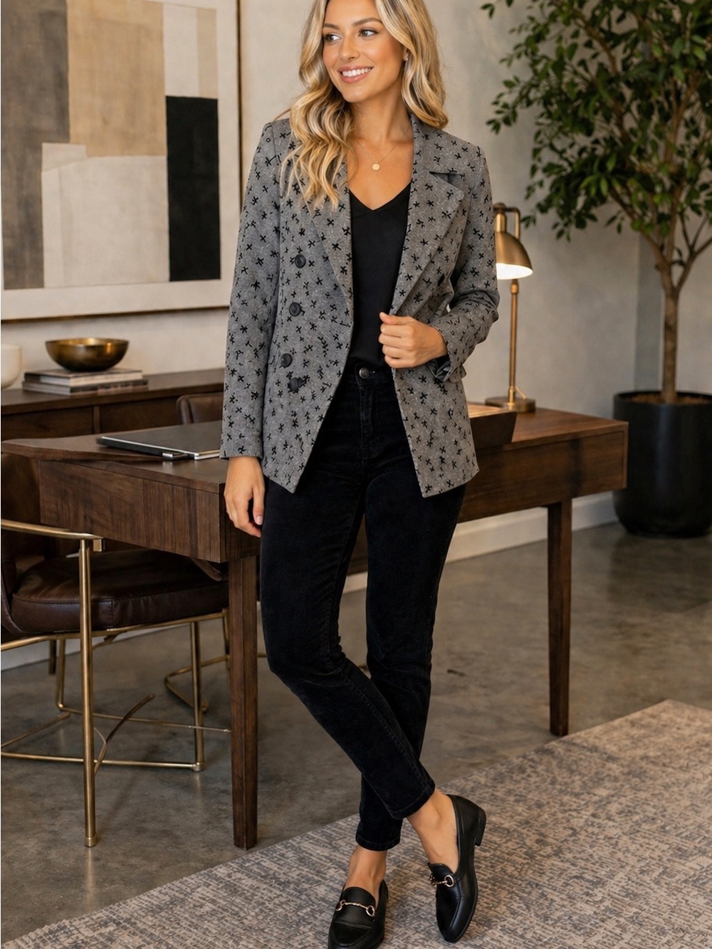Moon Collection Double-Breasted Blazer - Gray & Subtle Black Bow Print